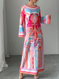 Women's Long Sleeve Print Maxi Dress, Elegant Casual Resort Style, Perfect for Vacation Wear