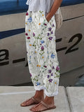 Women's Floral Print Elastic Waist Casual Loose Pants Summer Beach Trousers with Pockets