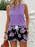 Women's 2 Piece Casual Outfit, Solid Sleeveless Tank Top and Floral Print Drawstring Shorts Set, Summer Vacation Co-Ord