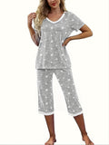 Capri Women's pajama set with V-neck short sleeved top and cropped pants pajama set with pockets