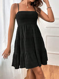 Women's Sweet Strappy Tiered Dress, Smocked Tiered Mini Dress with Spaghetti Straps for Summer and Beach