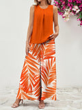Women's Two Piece Tank Top and Dressy Pants Orange Print Summer Beach Outfit
