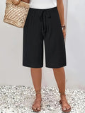Womens Solid Color Drawstring Elastic Waist Loose Fit Casual Knee Length Shorts with Pockets