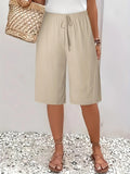 Womens Solid Color Drawstring Elastic Waist Loose Fit Casual Knee Length Shorts with Pockets