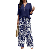 Women's 2 Piece Blue Elegant Long Sleeve V Neck Top Pullover and Floral Print Wide Leg Pants Set Vacation Matching Outfit