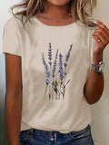 Womens Crew Neck Short Sleeve Lavender Floral Print Casual T Shirt for Spring & Summer