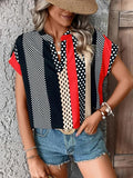 Women's Polka Dot and Stripe Print Notched Neck Short Sleeve Blouse for Casual Everyday Wear