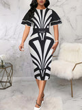 Womens Black and White Abstract Print Round Neck Ruffle Sleeve Form-Fitting Midi Dress