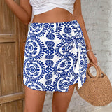 Women's Floral Print Wrap Skirt, High Waist Casual Mini Skirt, Summer Beach Vacation Sarong Skort for Daily and Travel