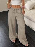 2pcs Women's Casual Solid Color Waist-Tie Pocket Wide-Leg Pants Set, Suitable for Casual Daily Wear and Vacation