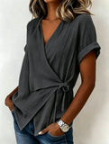 Women's Black Wrap V-Neck Short Sleeve Blouse with Waist Tie and Rolled Cuffs for Casual Everyday Wear