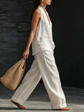 Women's Casual Halter Neck Sleeveless Top and Wide Leg Pants Slub Linen Two-Piece Set