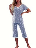 Capri Women's pajama set with V-neck short sleeved top and cropped pants pajama set with pockets