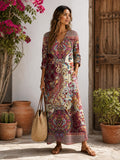 Boho Maxi Dress for Women Paisley Floral Print V Neck Long Sleeve Loose Fit Casual Women's Long Dress with Pockets