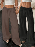 2pcs Women's Casual Solid Color Waist-Tie Pocket Wide-Leg Pants Set, Suitable for Casual Daily Wear and Vacation