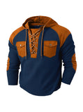 Men's Color Block Waffle Knit Hooded Sweater with Lace-Up Neckline, Perfect for Casual and Outdoor Wear