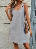 Womens Striped Sleeveless Square Neck Button Shoulder Casual Sundress with Pockets