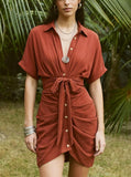 Women's Boho Dress Collared Single Breasted Tie Waist Short Sleeve Shirt Dress Rushed Botton Front Casual Vacation