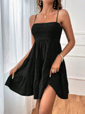 Women's Sweet Strappy Tiered Dress, Smocked Tiered Mini Dress with Spaghetti Straps for Summer and Beach