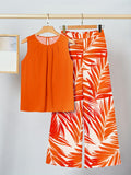 Women's Two Piece Tank Top and Dressy Pants Orange Print Summer Beach Outfit