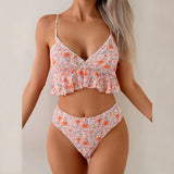 Women's Floral Print Ruffled Hem Scallop Trim High Waist Two Piece Bikini Set Perfect for Beach Vacation and Summer Wear