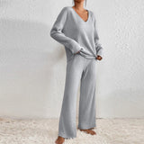Women's V-Neck Loose Casual Ribbed Brushed Long Sleeved Set