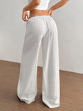 2pcs Women's Casual Solid Color Waist-Tie Pocket Wide-Leg Pants Set, Suitable for Casual Daily Wear and Vacation