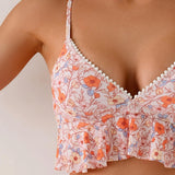 Women's Floral Print Ruffled Hem Scallop Trim High Waist Two Piece Bikini Set Perfect for Beach Vacation and Summer Wear