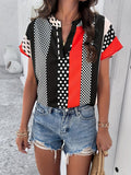 Women's Polka Dot and Stripe Print Notched Neck Short Sleeve Blouse for Casual Everyday Wear