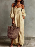 Women's Elegant Striped Off Shoulder Puff Sleeve Loose Fit Maxi Dress