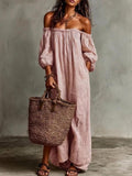Women's Elegant Striped Off Shoulder Puff Sleeve Loose Fit Maxi Dress