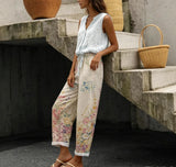 Women's Capri Pants with Pocket Linen Cotton Like High Waist Flowy Elastic Loose Fit Travel Summer Boho Gauze Pants