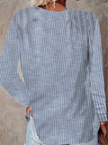 Women's Blue White Striped Round Neck Long Sleeve Casual Top for Everyday Wear