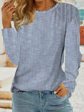 Women's Blue White Striped Round Neck Long Sleeve Casual Top for Everyday Wear