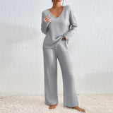 Women's V-Neck Loose Casual Ribbed Brushed Long Sleeved Set