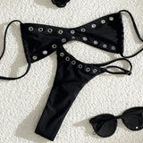 Women's 2 Piece Grommet Detail Bikini Set with Halter Neck and Thong Bottom Perfect for Beach and Vacation Looks