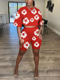 Womens Red and White Abstract Print Cropped Top and Biker Shorts Two-Piece Set