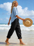 Women High Waist Drawstring Trousers Wide Leg Cropped Pants with Pockets