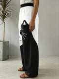Women's Black and White Cat Print Elastic Waist Wide Leg Pants with Pockets for Casual Quirky Wear
