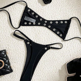 Women's 2 Piece Grommet Detail Bikini Set with Halter Neck and Thong Bottom Perfect for Beach and Vacation Looks