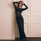 Women's Lace Long Sleeve Ruched Bodycon Maxi Dress Perfect for Evening Events and Formal Occasions