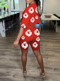 Womens Red and White Abstract Print Cropped Top and Biker Shorts Two-Piece Set