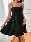 Women's Sweet Strappy Tiered Dress, Smocked Tiered Mini Dress with Spaghetti Straps for Summer and Beach