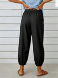 Women High Waist Drawstring Trousers Wide Leg Cropped Pants with Pockets