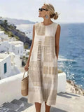 Women's Print Sleeveless Midi Dress, Round Neck Casual Loose Dress with Pockets, Lightweight Summer Tunic for Vacation