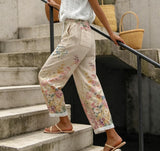Women's Capri Pants with Pocket Linen Cotton Like High Waist Flowy Elastic Loose Fit Travel Summer Boho Gauze Pants