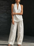 Women's Casual Halter Neck Sleeveless Top and Wide Leg Pants Slub Linen Two-Piece Set