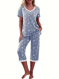 Capri Women's pajama set with V-neck short sleeved top and cropped pants pajama set with pockets