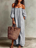 Women's Elegant Striped Off Shoulder Puff Sleeve Loose Fit Maxi Dress