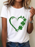 Womens Crew Neck Short Sleeve Green Heart and Clover Print Casual T Shirt for Spring & Summer